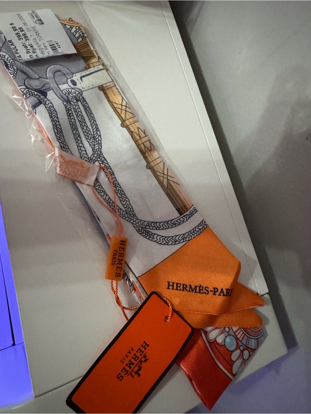 Orange and White Silk Twilly Scarf - Signature Print